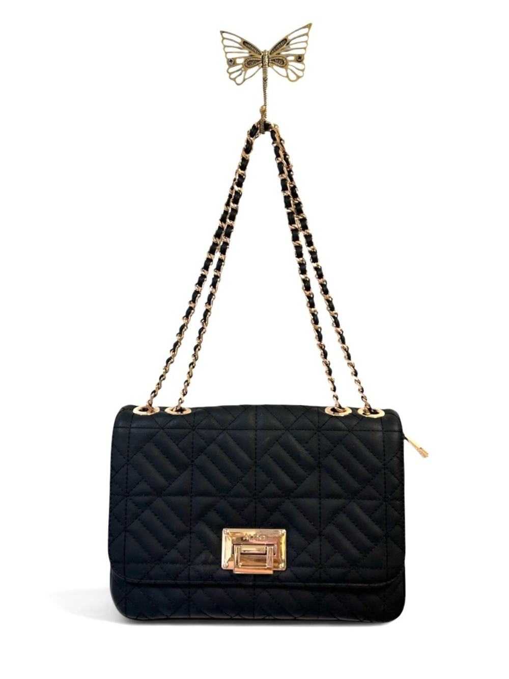 Aldo Lothohadan Black Quilted Shoulder Bag with Gold Chain Strap Vegan Leather